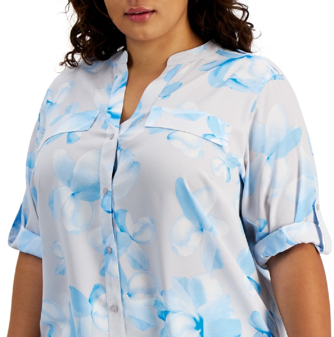 Calvin Klein Women's Printed Roll Tab Blouse Gray Size 2X