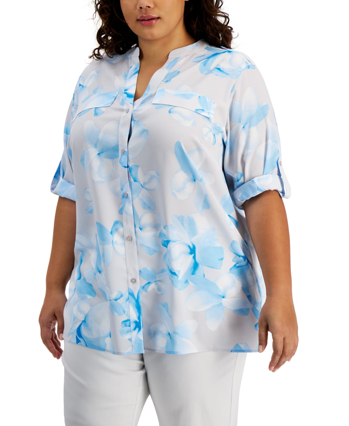 Calvin Klein Women's Printed Roll Tab Blouse Gray Size 2X