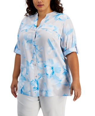 Calvin Klein Women's Printed Roll Tab Blouse Gray Size 2X