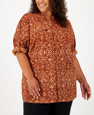 Calvin Klein Women's Button Down Roll Sleeve Top Brown Size 1X