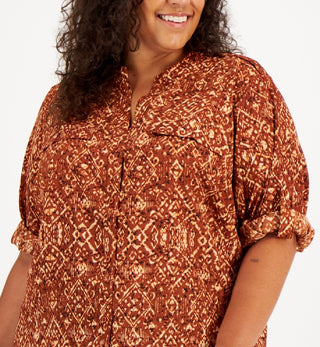 Calvin Klein Women's Button Down Roll Sleeve Top Brown Size 1X