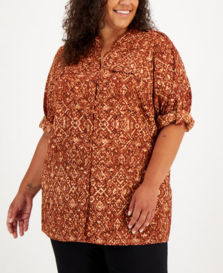 Calvin Klein Women's Button Down Roll Sleeve Top Brown Size 1X