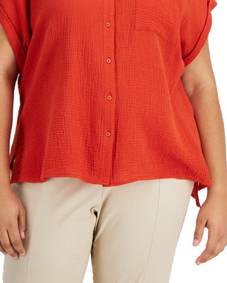 Calvin Klein Women's Cotton Button Front Camp Shirt Brown Size 3X