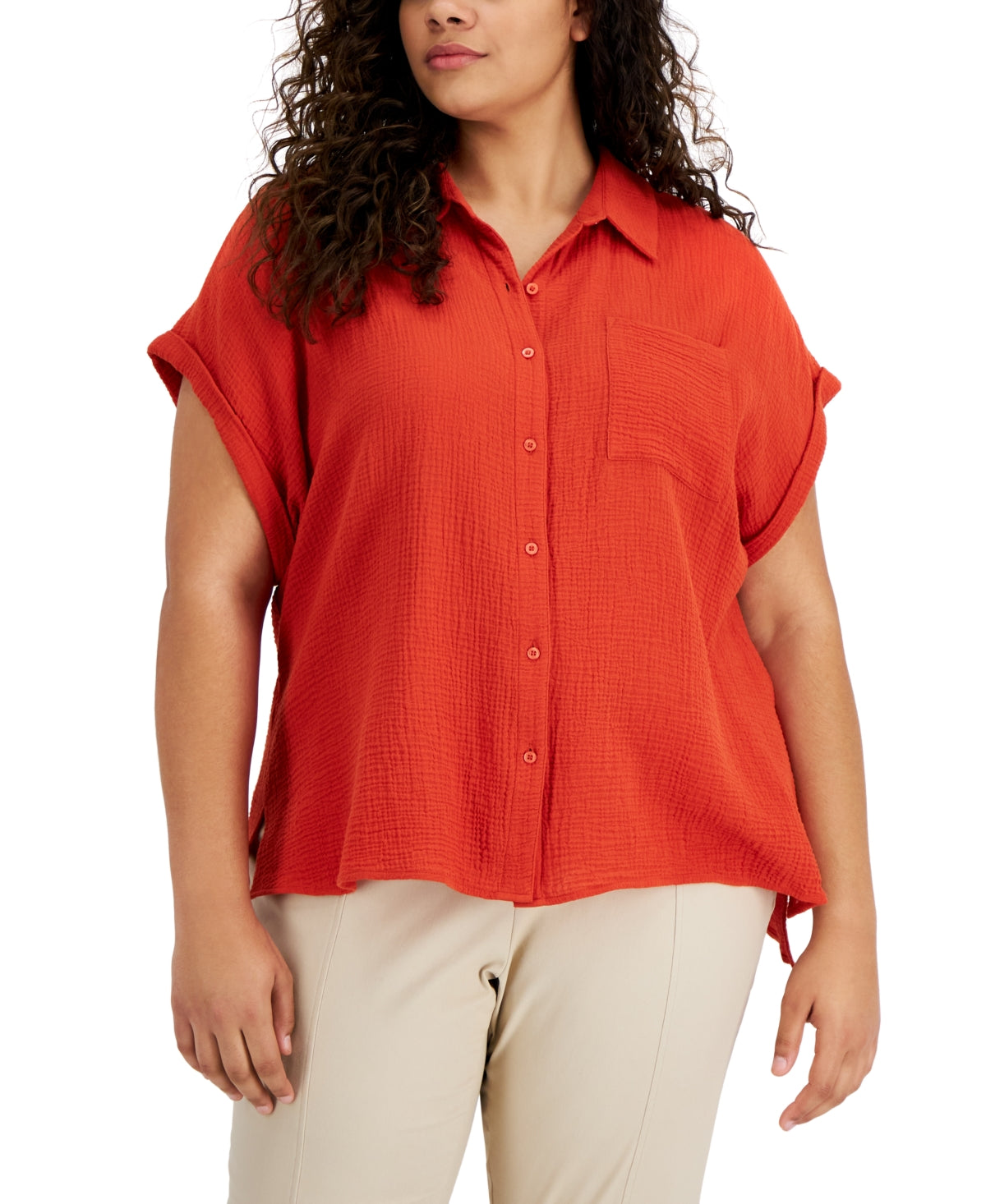 Calvin Klein Women's Cotton Button Front Camp Shirt Brown Size 3X