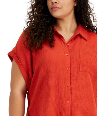 Calvin Klein Women's Cotton Button Front Camp Shirt Brown Size 2X