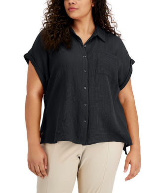 Calvin Klein Women's Cotton Button Front Camp Shirt Black