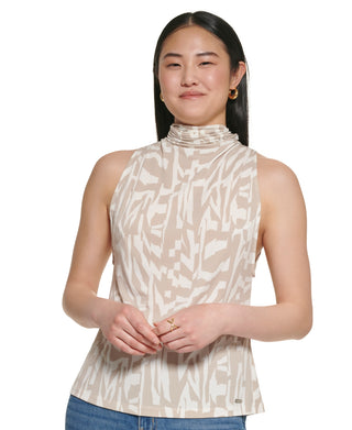 Calvin Klein Women's Printed Sleeveless Tie Back Mock Neck Top Brown Size X-Large