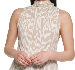 Calvin Klein Women's Printed Sleeveless Tie Back Mock Neck Top Brown Size X-Large