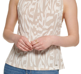 Calvin Klein Women's Printed Sleeveless Tie Back Mock Neck Top Brown Size X-Large
