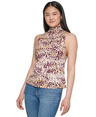 Calvin Klein Women's Printed Sleeveless Tie Back Mock Neck Top Brown Size X-Large