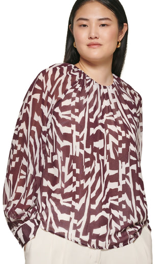 Calvin Klein Women's Long Sleeve Printed Chiffon Blouse Purple Size X-Small