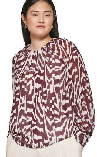 Calvin Klein Women's Long Sleeve Printed Chiffon Blouse Purple Size X-Small