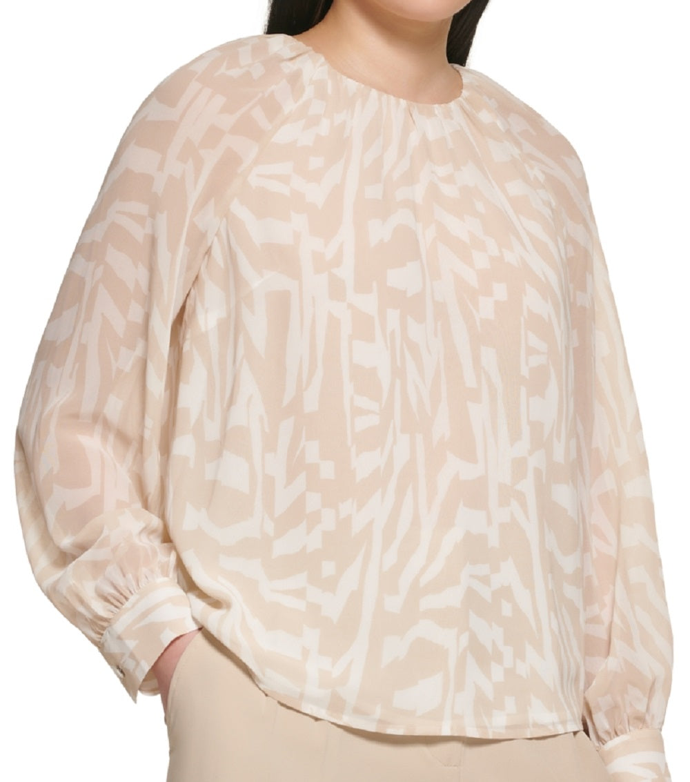Calvin Klein Women's Long Sleeve Printed Chiffon Blouse Brown Size X-Small