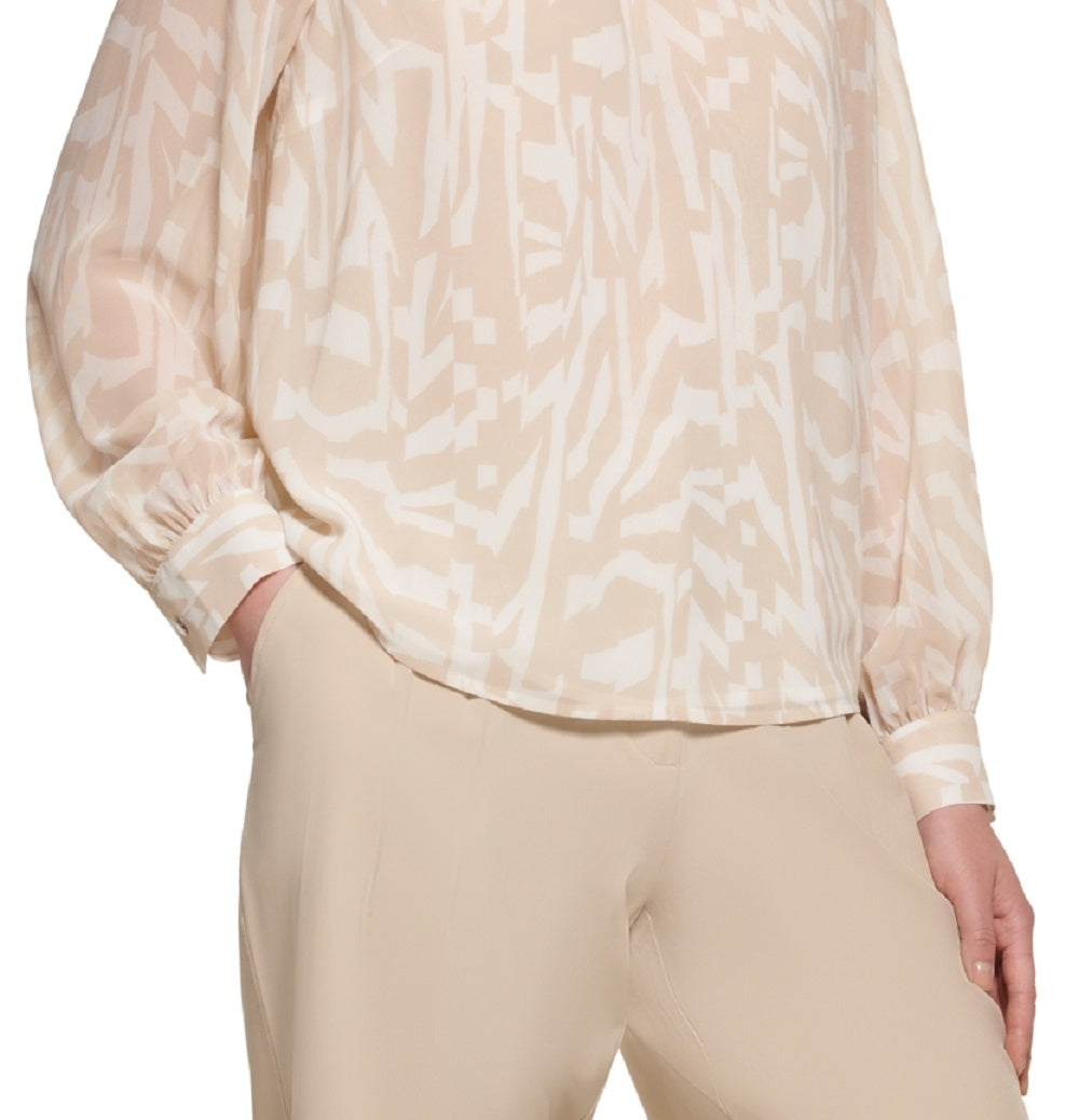 Calvin Klein Women's Long Sleeve Printed Chiffon Blouse Brown Size X-Small