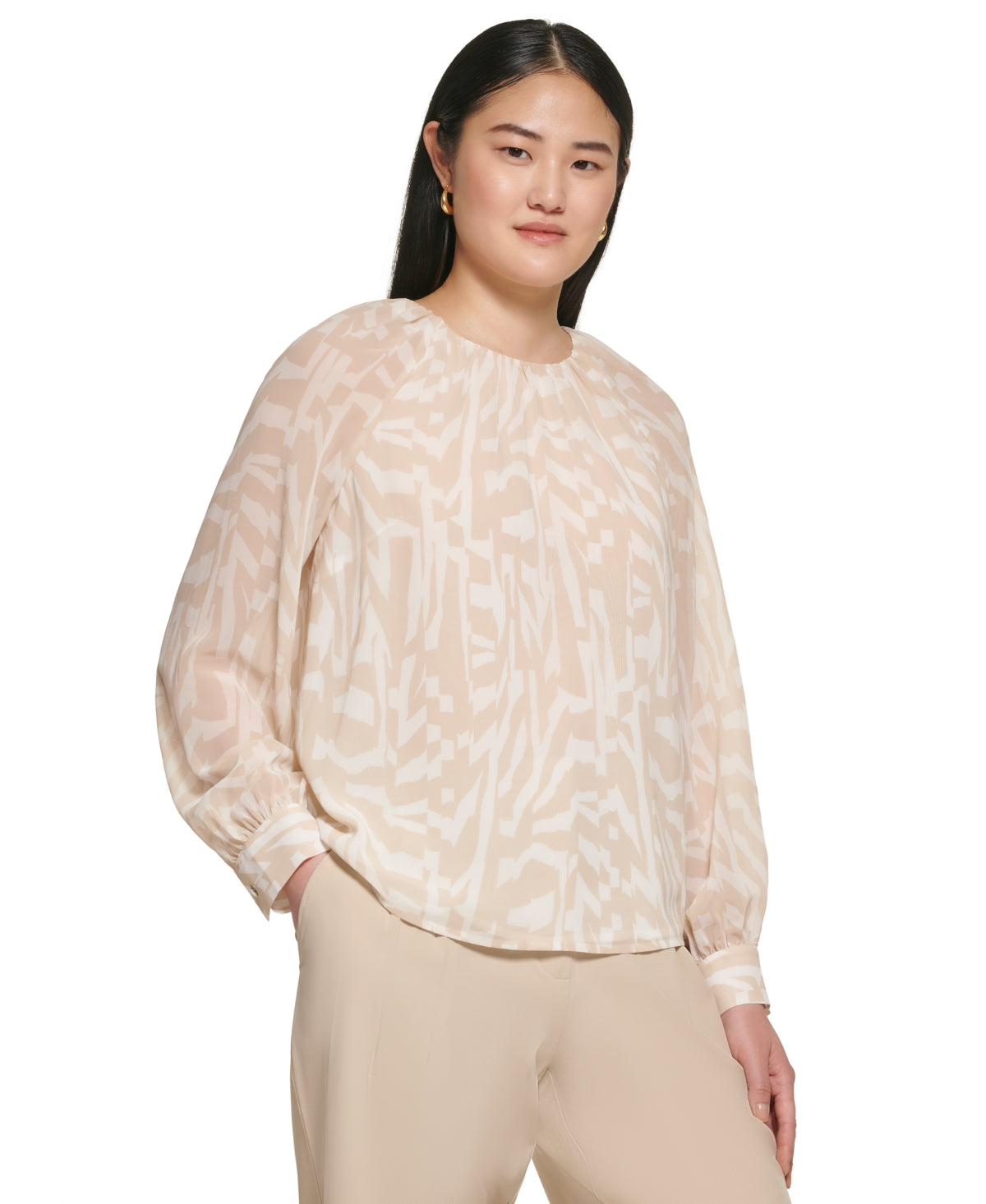 Calvin Klein Women's Long Sleeve Printed Chiffon Blouse Brown Size X-Small