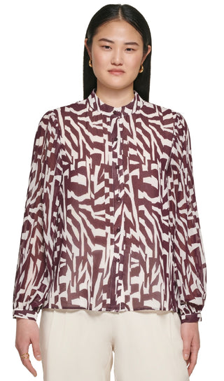 Calvin Klein Women's Printed Pleat Sleeve Button Front Blouse Purple Size X-Large