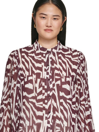 Calvin Klein Women's Printed Pleat Sleeve Button Front Blouse Purple Size X-Large