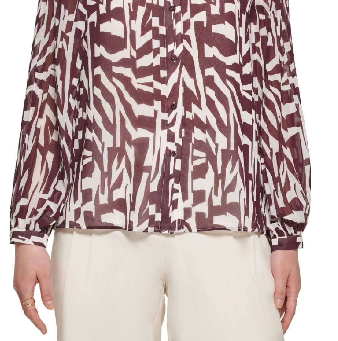 Calvin Klein Women's Printed Pleat Sleeve Button Front Blouse Purple Size X-Large