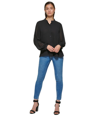 Calvin Klein Women's Pleat Sleeve Chiffon Button Front Blouse Black Size Large