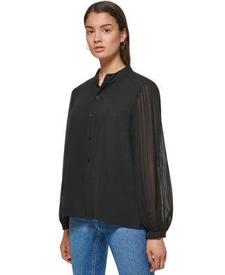 Calvin Klein Women's Pleat Sleeve Chiffon Button Front Blouse Black Size Large