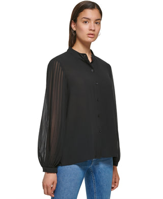 Calvin Klein Women's Pleat Sleeve Chiffon Button Front Blouse Black Size Large