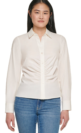 Calvin Klein Women's Ruched Button Front Shirt White Size Small