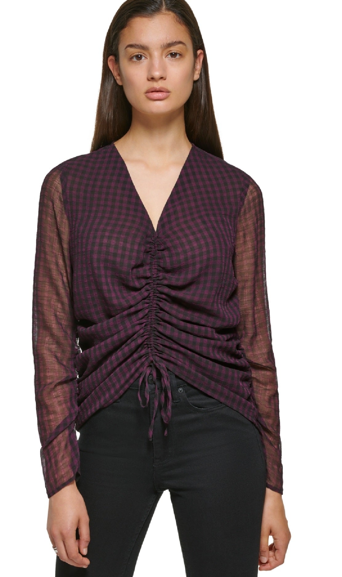 Calvin Klein Women's Long Sleeve Checked Gathered Front Blouse Brown Size Medium