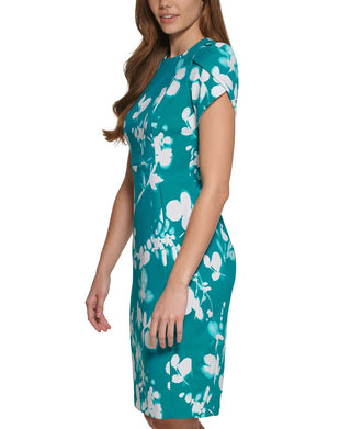 Calvin Klein Women's Printed Tulip Sleeve Sheath Dress Green Size 10Petite