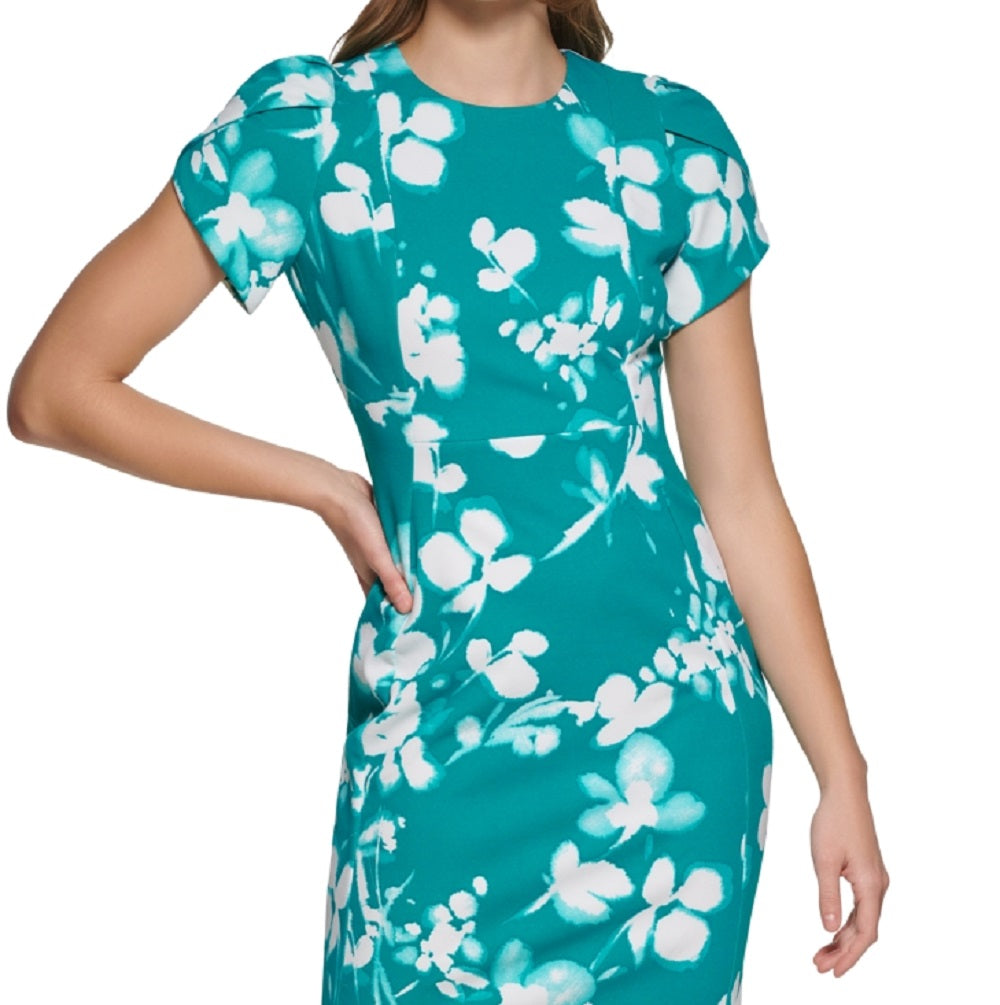 Calvin Klein Women's Printed Tulip Sleeve Sheath Dress Green Size 8Petite