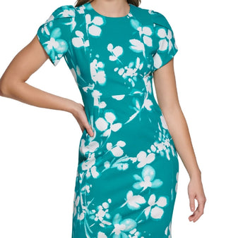 Calvin Klein Women's Printed Tulip Sleeve Sheath Dress Green Size 2Petite