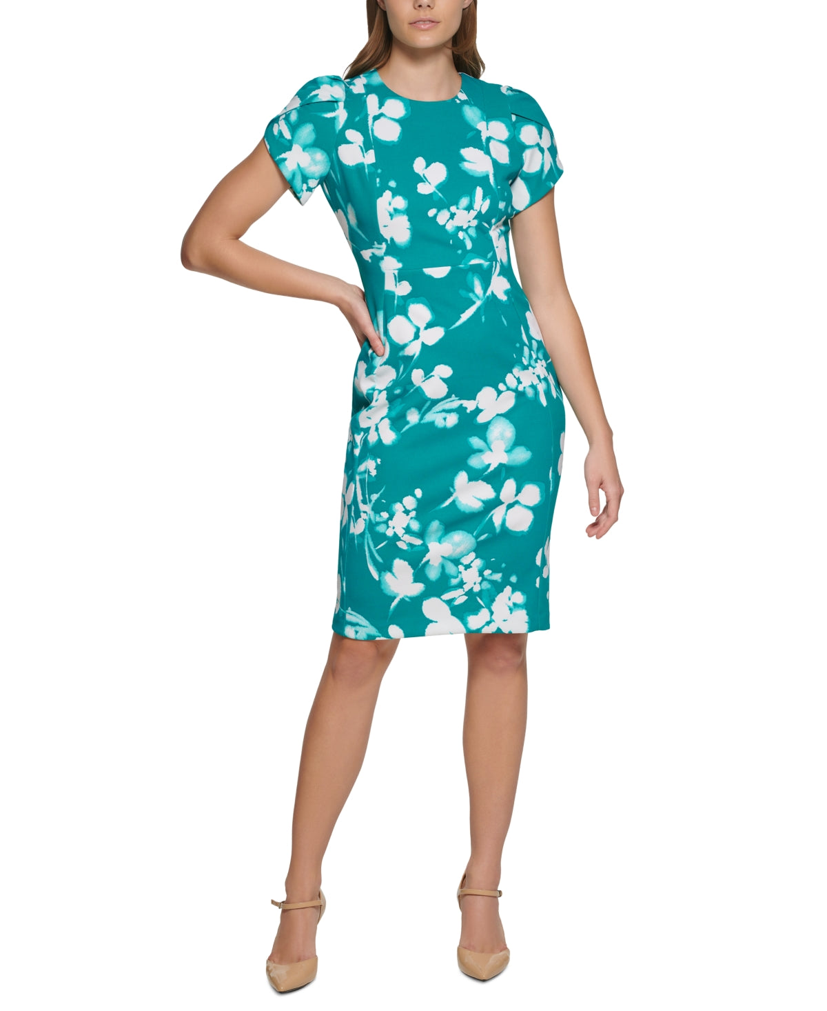 Calvin Klein Women's Printed Tulip Sleeve Sheath Dress Green Size 2Petite