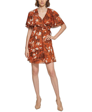 Calvin Klein Women's Chiffon Capelet Dress Brown Size 4