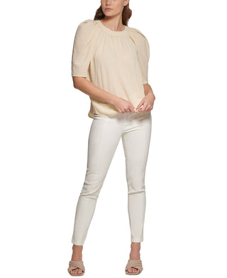 Calvin Klein Women's Textured Puff Shoulder Blouse Brown Size Small