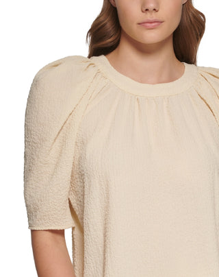 Calvin Klein Women's Textured Puff Shoulder Blouse Brown Size Small