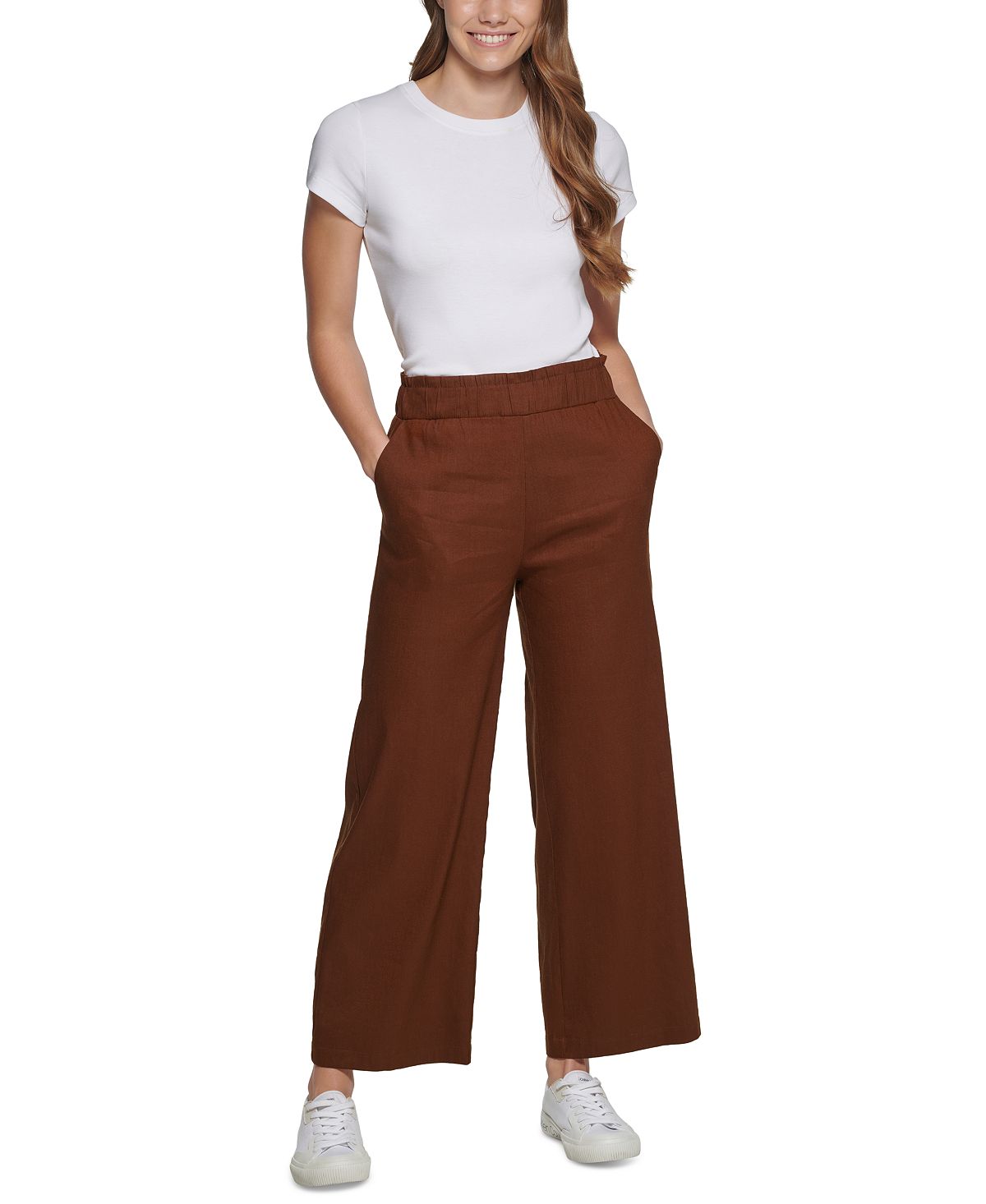 Calvin Klein Women's Cropped Linen Pants Brown Size Medium