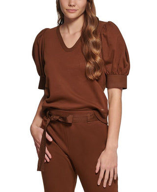 Calvin Klein Women's Puff Sleeve Cotton Sweatshirt Brown Size Large