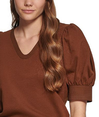 Calvin Klein Women's Puff Sleeve Cotton Sweatshirt Brown Size Large