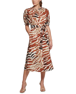 Calvin Klein Women's Animal Print Puff Sleeve Midi Shirtdress Brown Size 2
