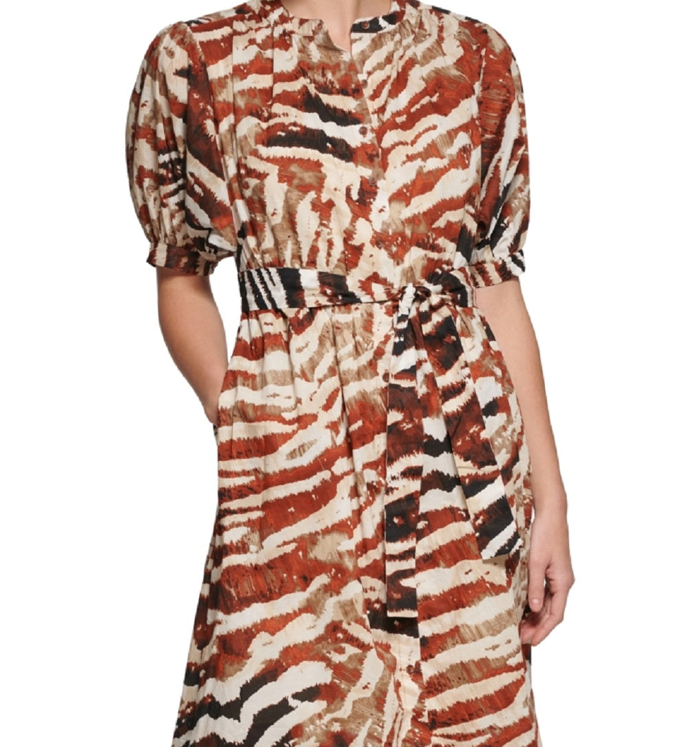 Calvin Klein Women's Animal Print Puff Sleeve Midi Shirtdress Brown Size 2
