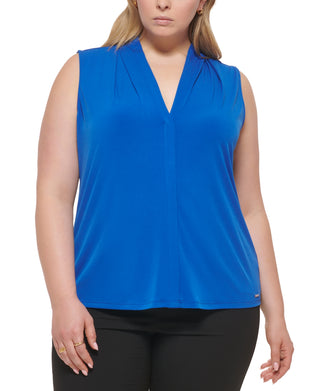 Calvin Klein Women's Solid V Neck Top Blue Size 1X