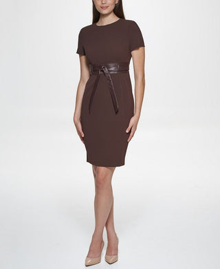 Calvin Klein Women's Solid Faux Leather Tie Waist Sheath Dress Brown Size 4