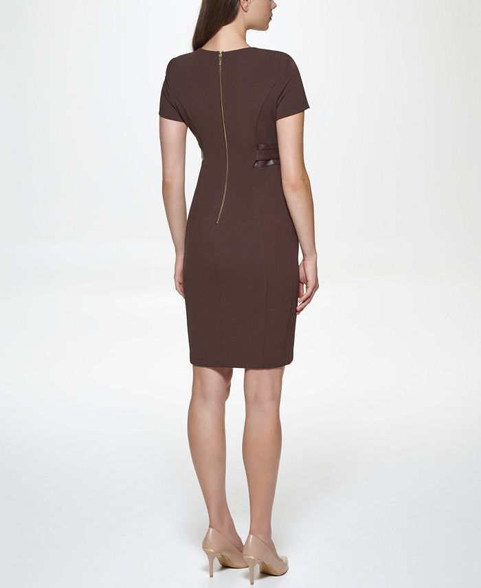 Calvin Klein Women's Solid Faux Leather Tie Waist Sheath Dress Brown Size 4
