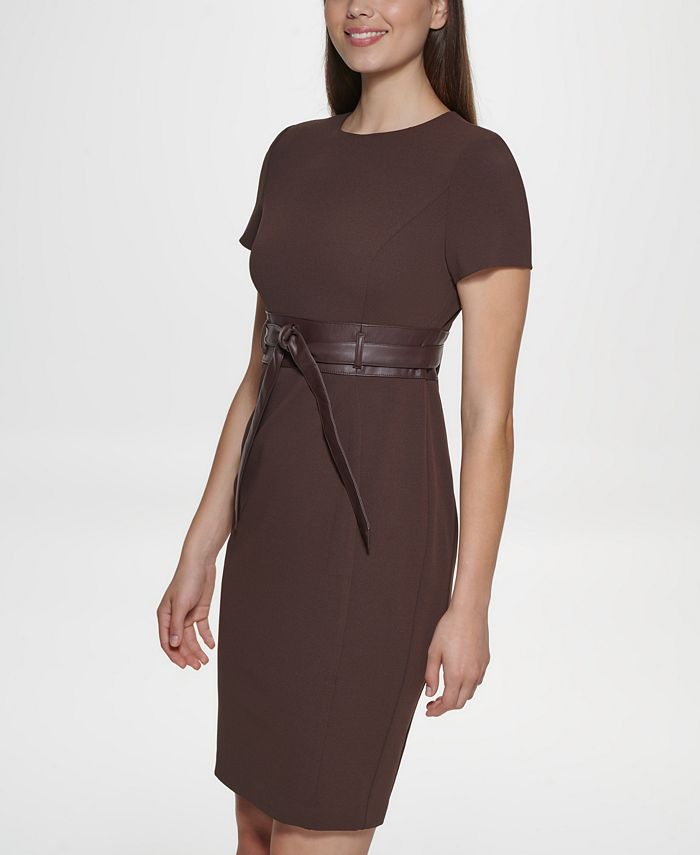 Calvin Klein Women's Solid Faux Leather Tie Waist Sheath Dress Brown Size 4