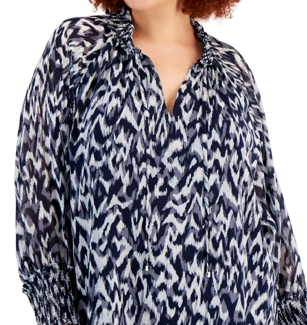 Calvin Klein Women's Printed Tie Neck Top Blue Size 2X