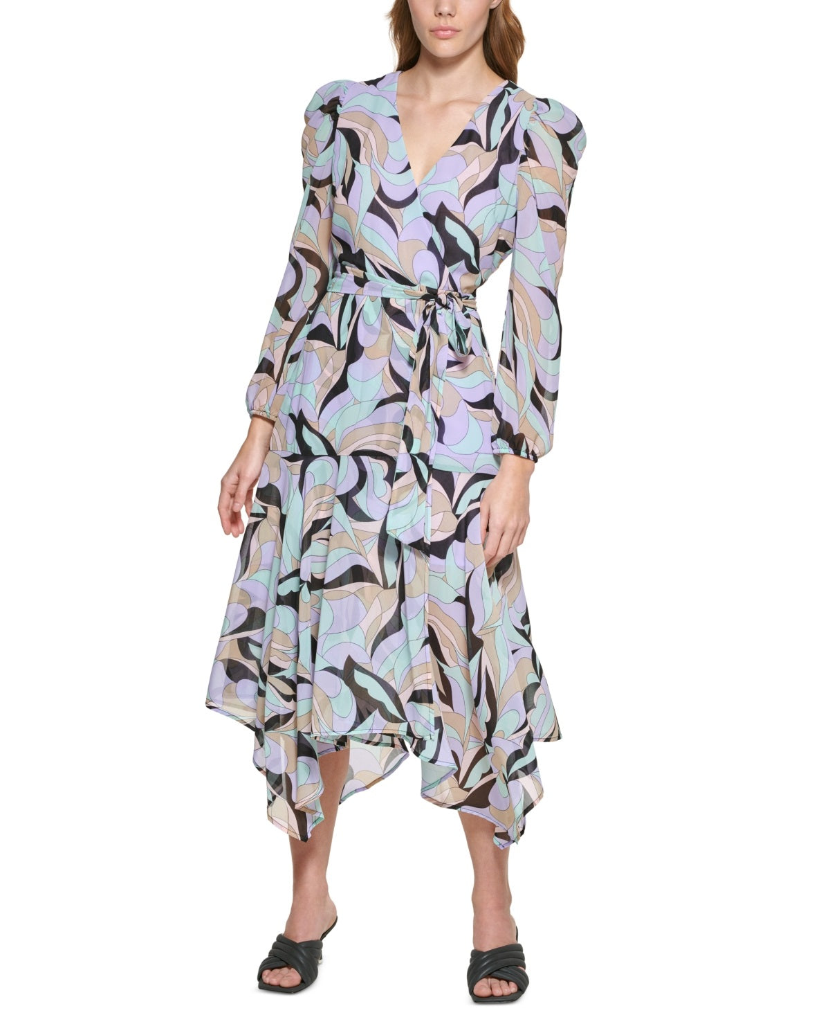 Calvin Klein Women's Printed Puff Shoulder Midi Wrap Dress Black Size 6