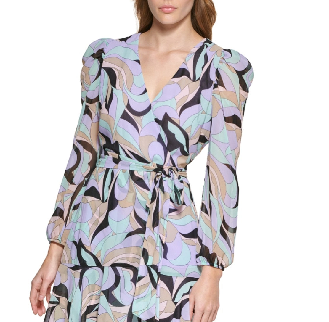 Calvin Klein Women's Printed Puff Shoulder Midi Wrap Dress Black Size 6