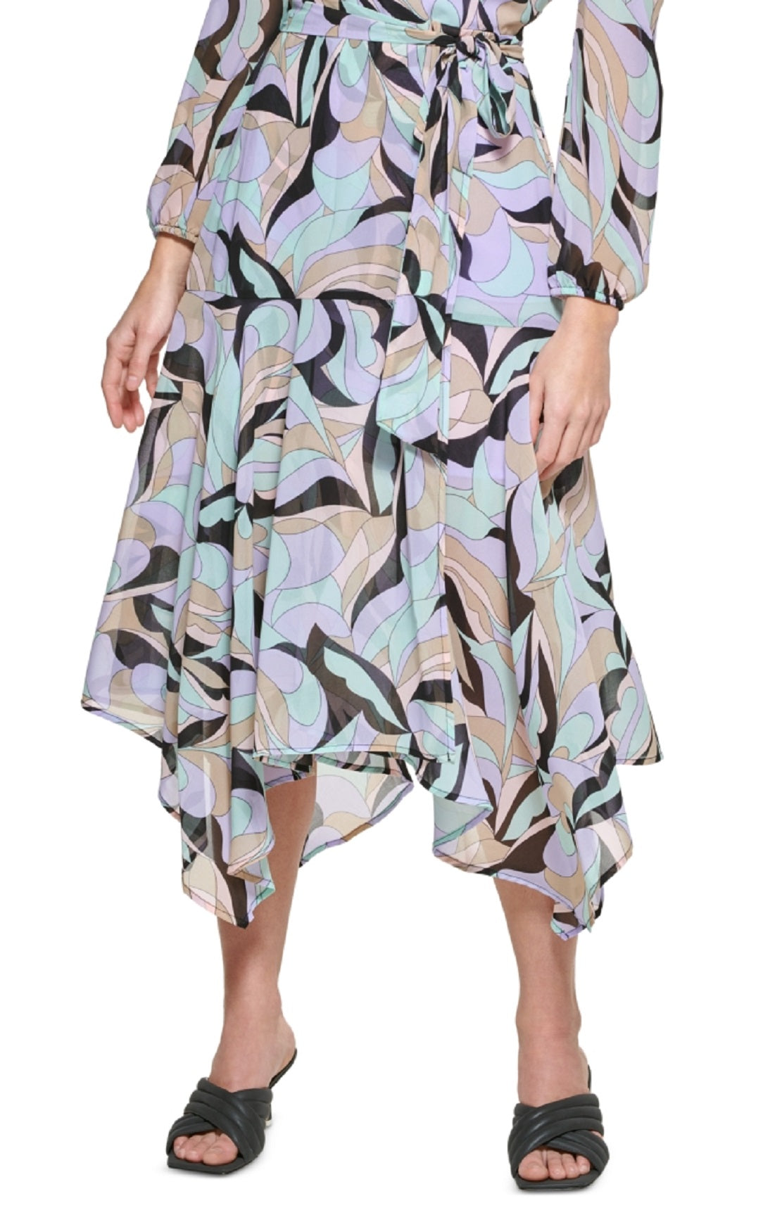 Calvin Klein Women's Printed Puff Shoulder Midi Wrap Dress Black Size 6