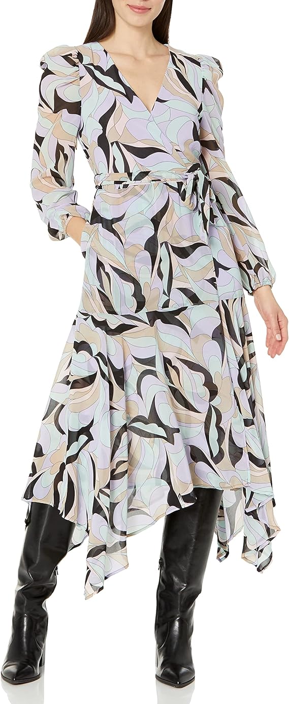 Calvin Klein Women's Printed Puff Shoulder Midi Wrap Dress Black Size 4