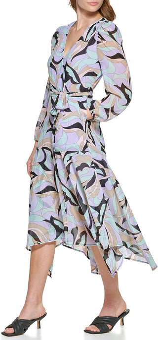 Calvin Klein Women's Printed Puff Shoulder Midi Wrap Dress Black Size 4