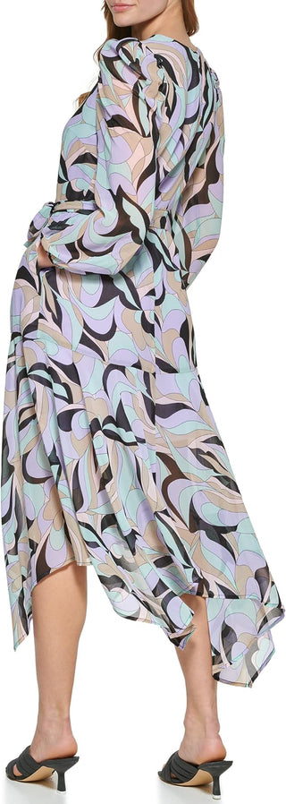 Calvin Klein Women's Printed Puff Shoulder Midi Wrap Dress Black Size 4